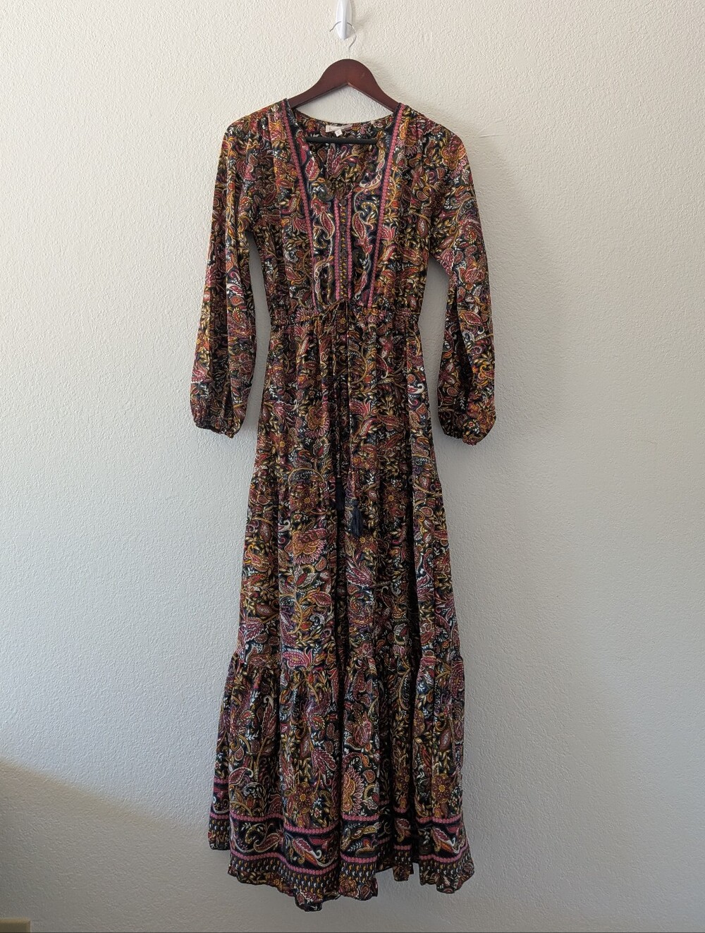 Boemo Anthropologie Boho Paisley Tiered Maxi Dress Long Sleeve Size S